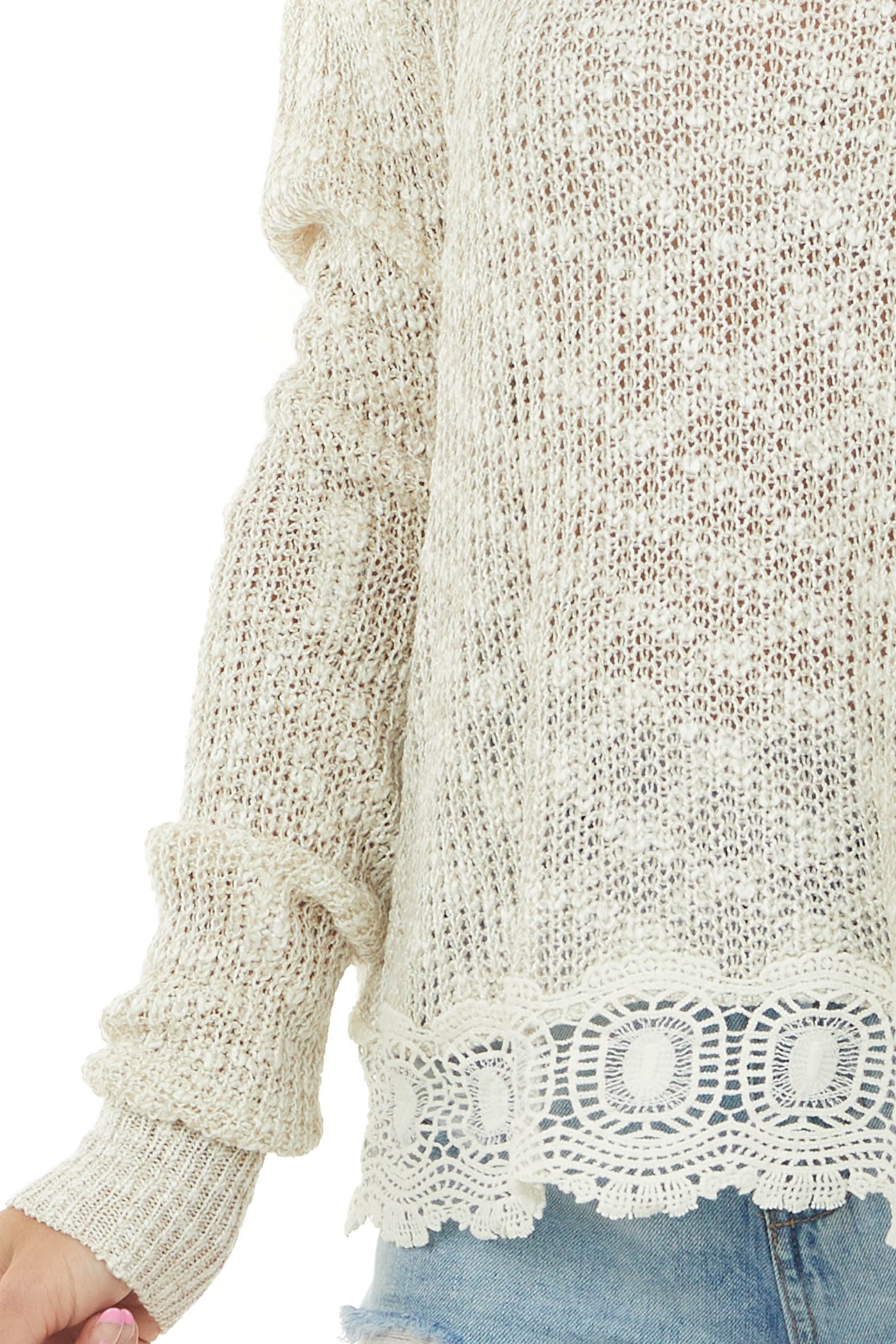 Vanilla Stretchy Knit Sweater with Lace Detail