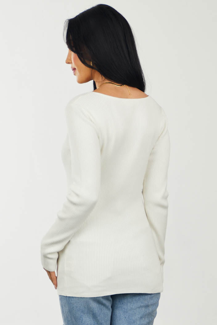 Vanilla Sweetheart Neckline Ribbed Knit Sweater