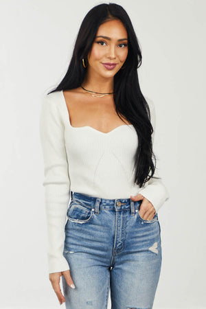 Vanilla Sweetheart Neckline Ribbed Knit Sweater