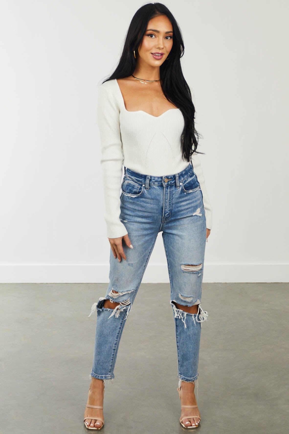 Vanilla Sweetheart Neckline Ribbed Knit Sweater