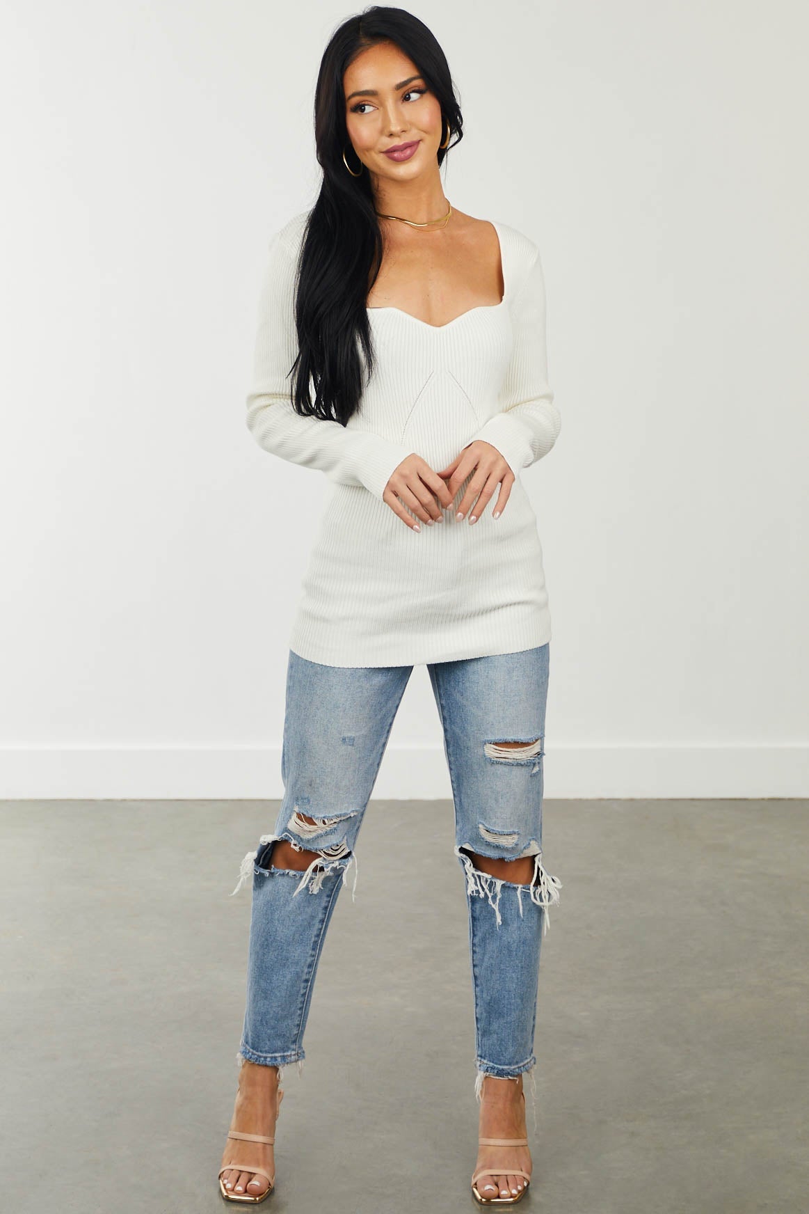Vanilla Sweetheart Neckline Ribbed Knit Sweater