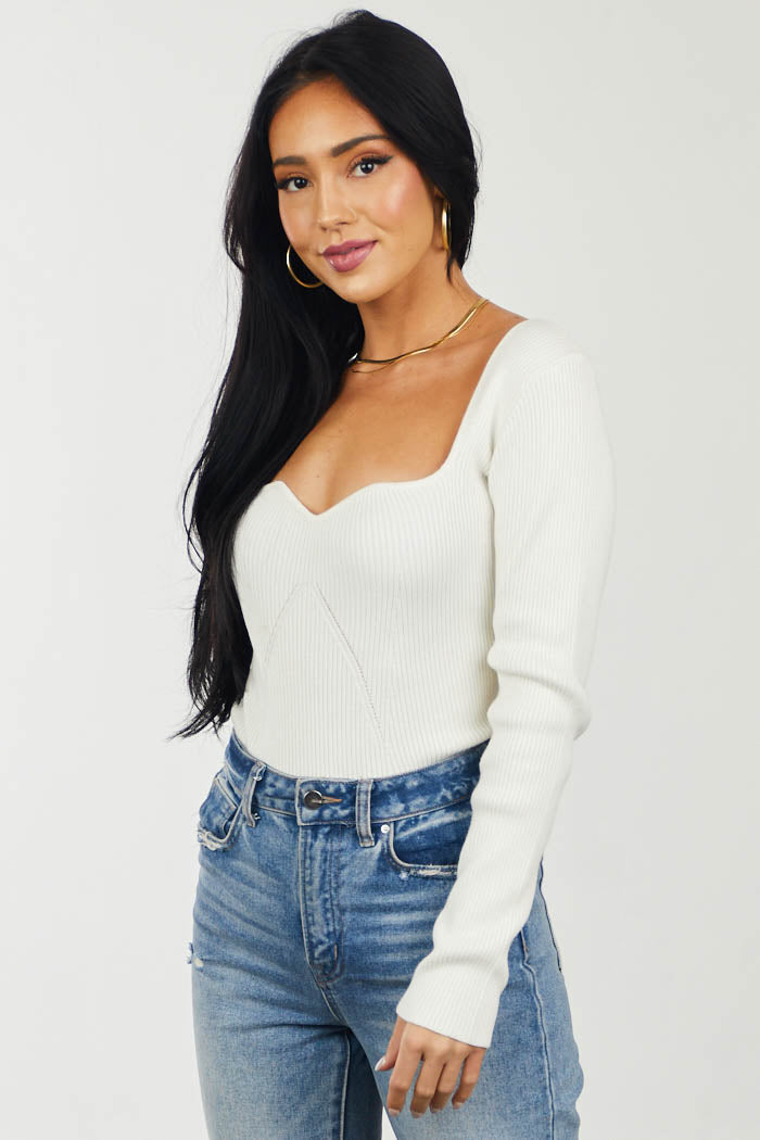 Vanilla Sweetheart Neckline Ribbed Knit Sweater