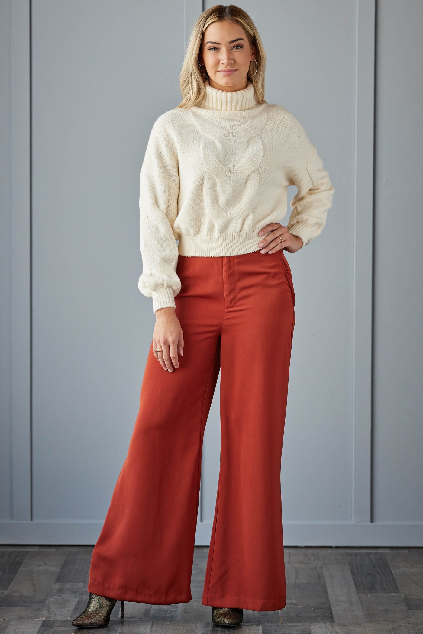 Vanilla Turtleneck Thick Cable Knit Sweater