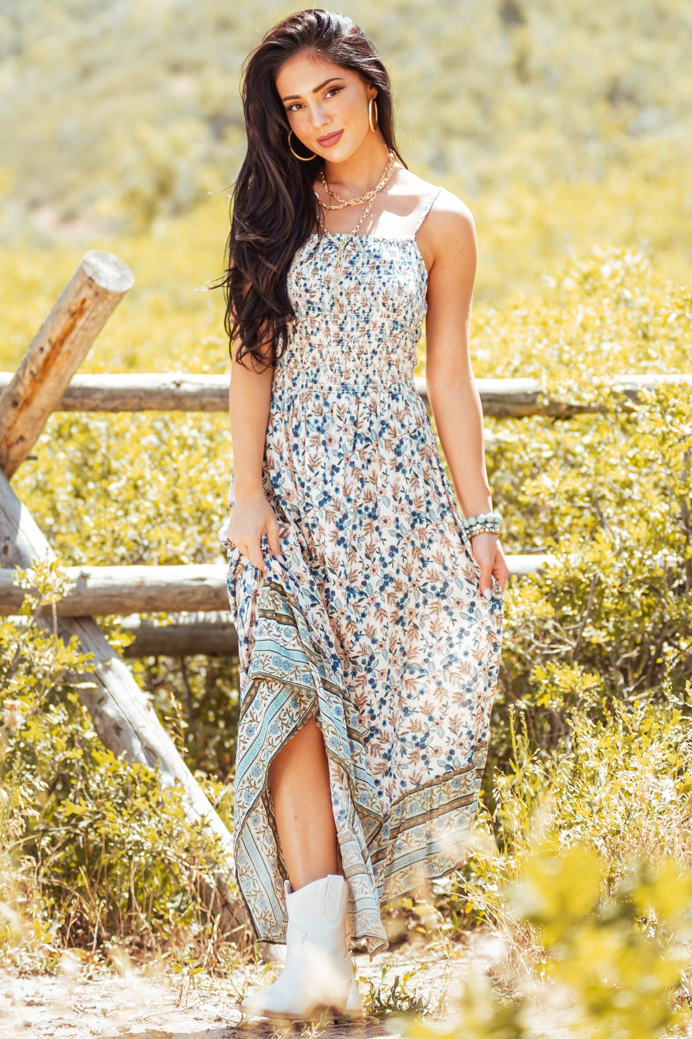 Vanilla and Azure Smocked Handkerchief Dress