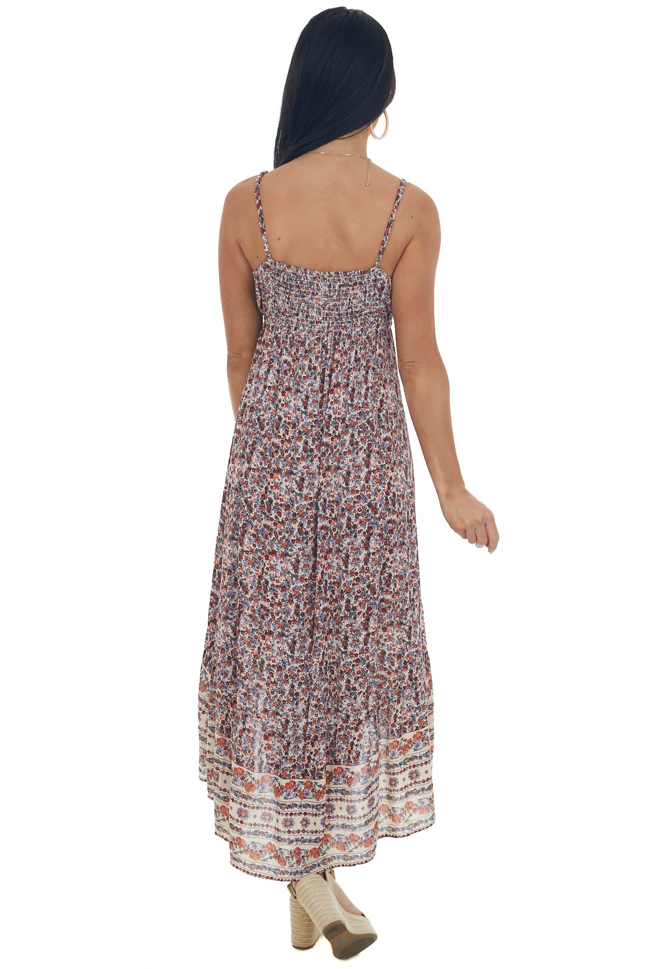 Vanilla and Marsala Floral High Low V Neck Dress