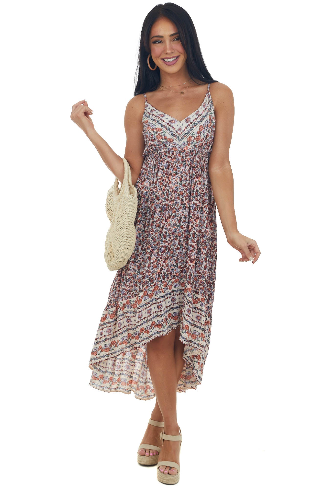 Vanilla and Marsala Floral High Low V Neck Dress
