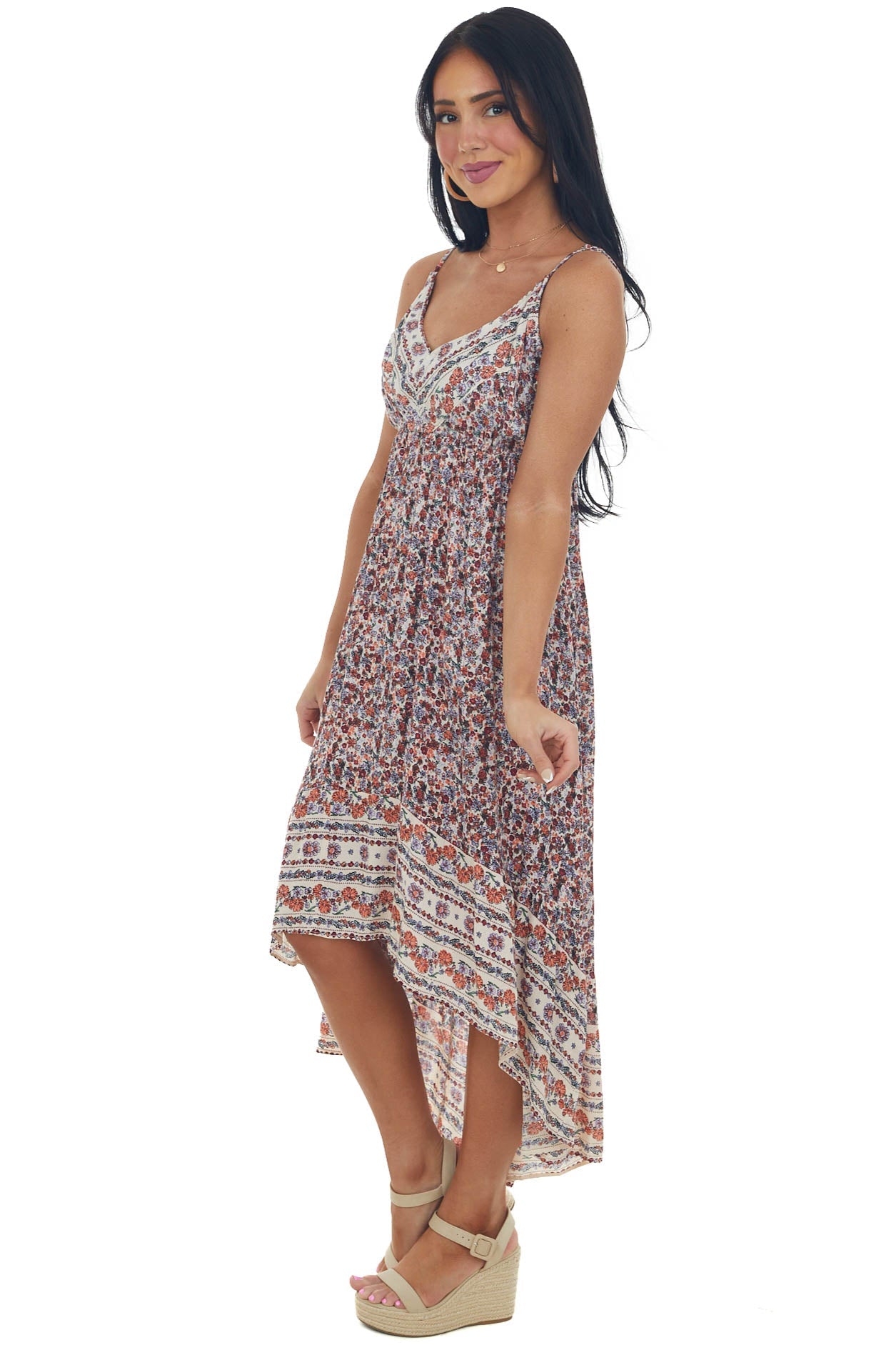 Vanilla and Marsala Floral High Low V Neck Dress