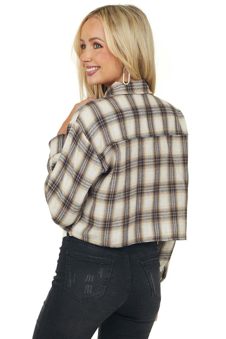 Vanilla and Navy Plaid Chest Pocket Crop Top
