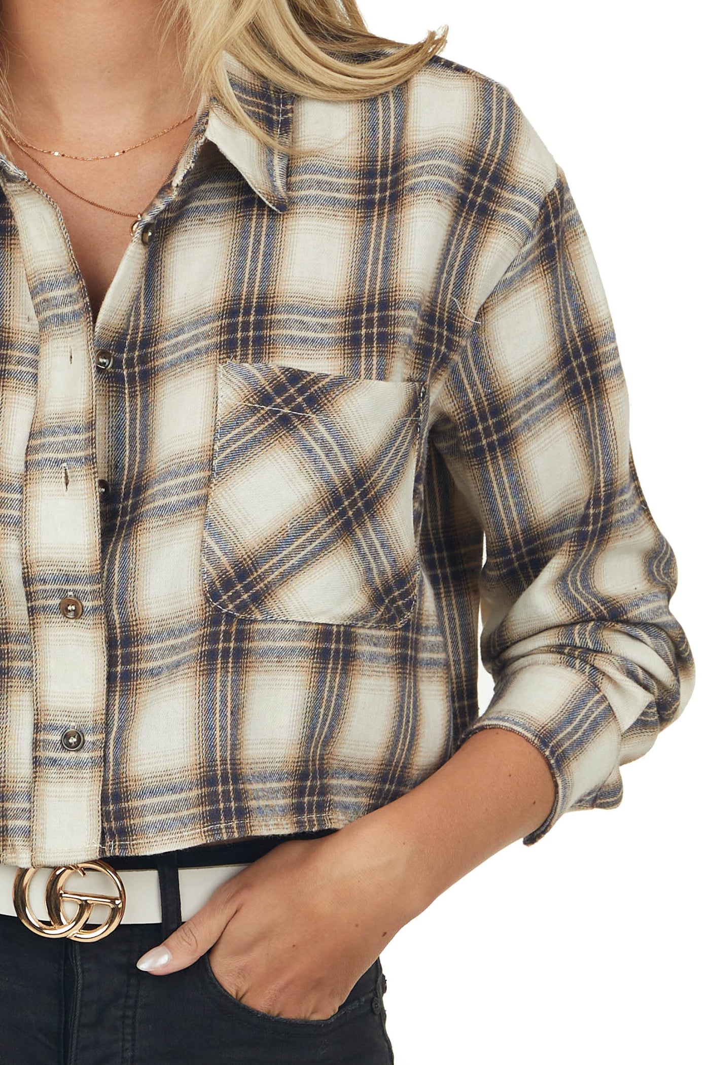 Vanilla and Navy Plaid Chest Pocket Crop Top