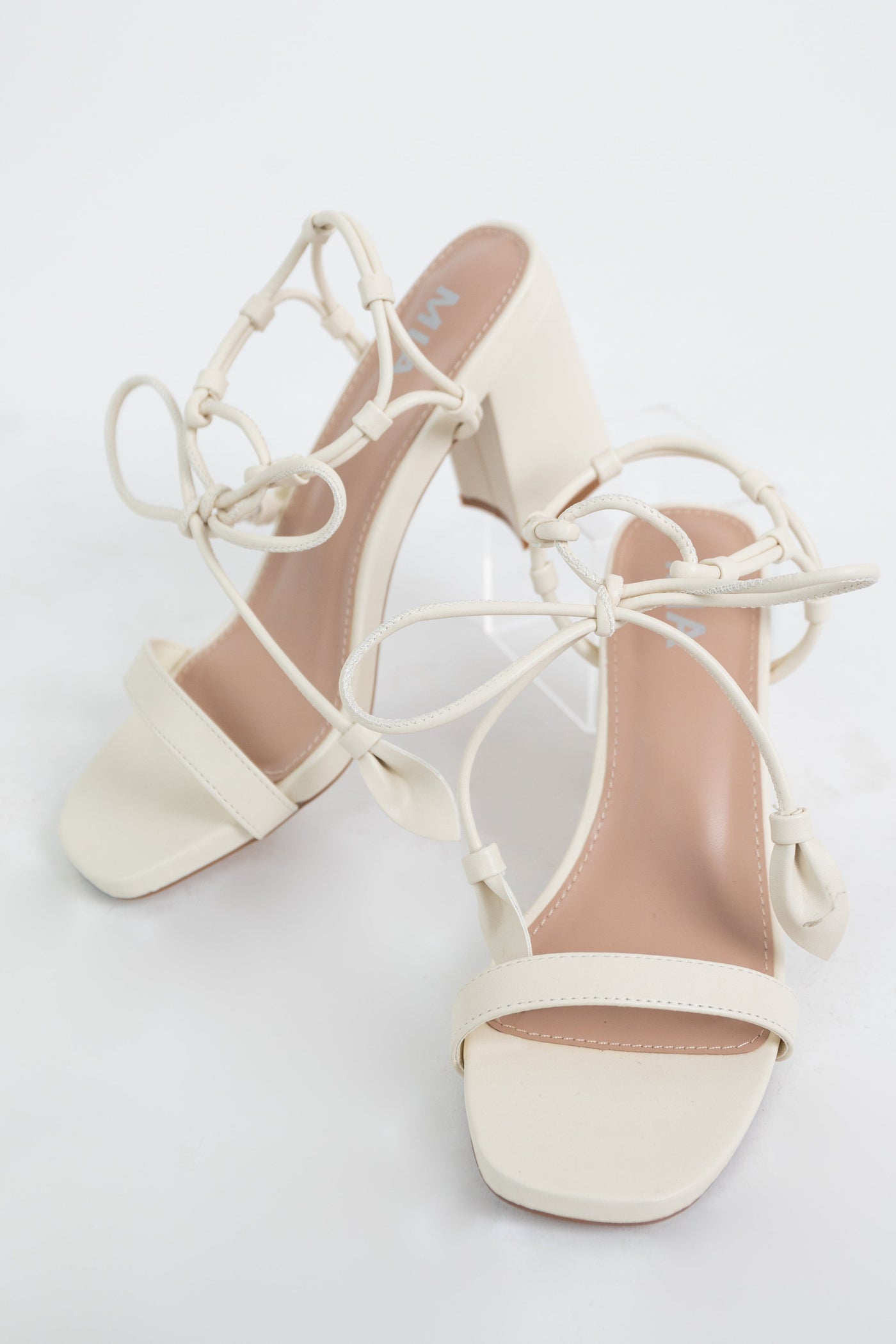 Vanilla Faux Leather Ankle Tie Square Toe Heels