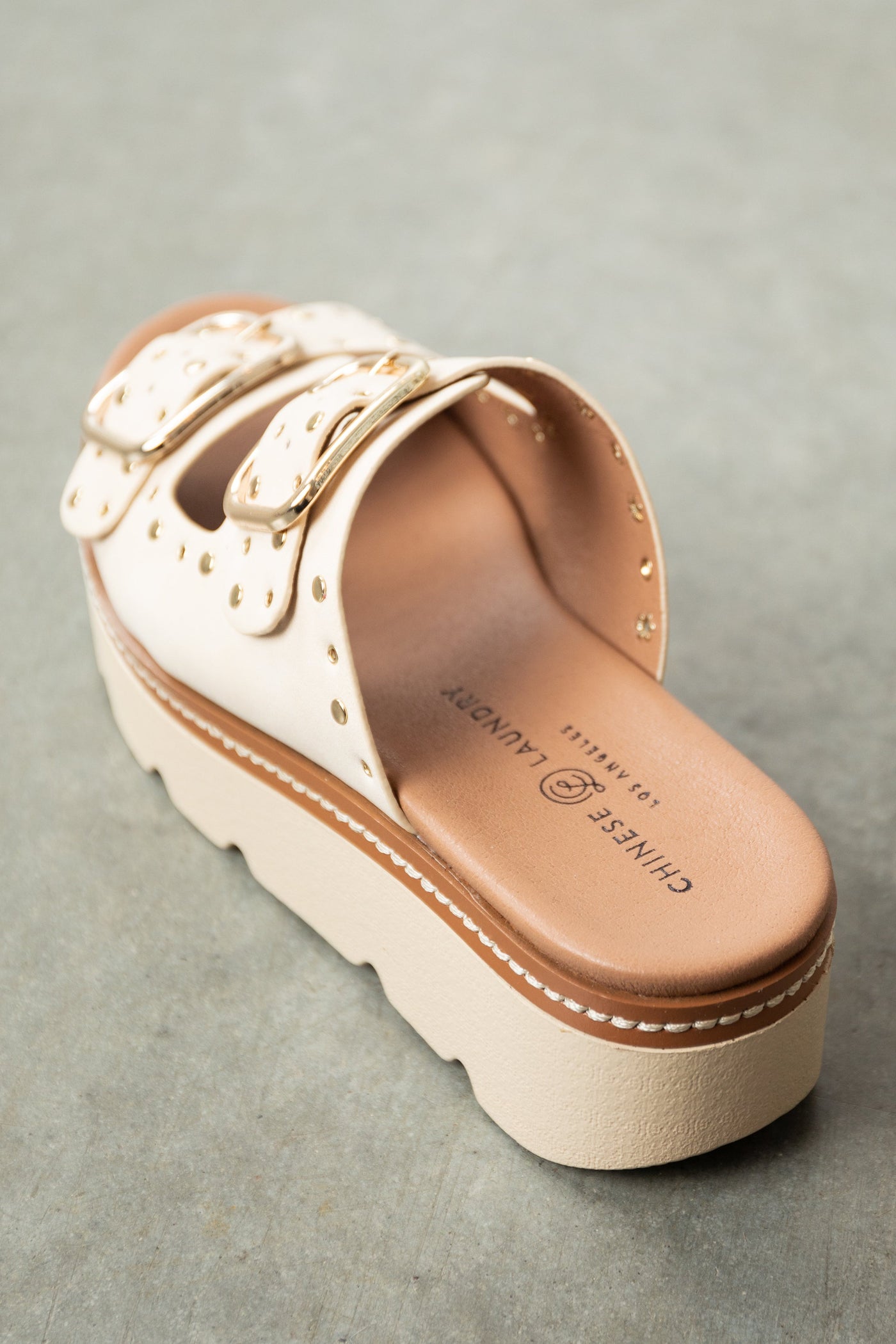 Vanilla Gold Studded Double Strap Wedge Sandals