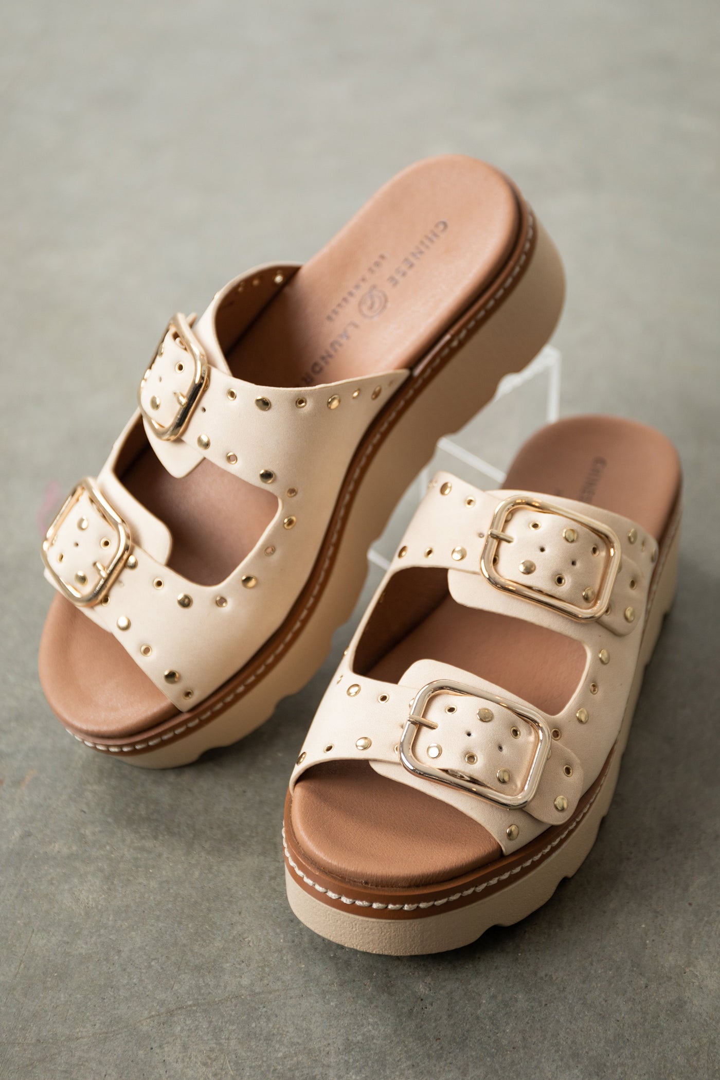 Vanilla Gold Studded Double Strap Wedge Sandals