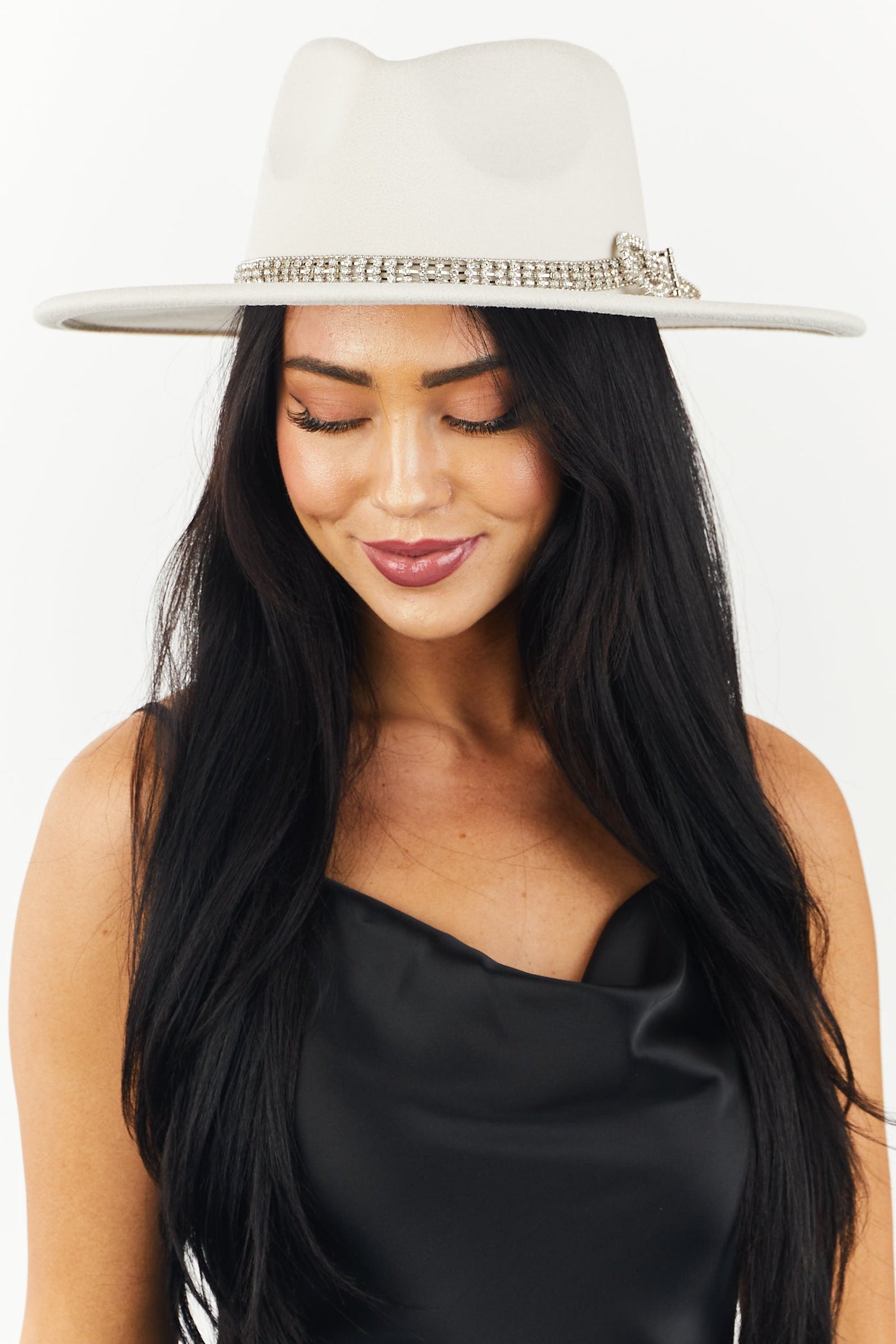 Vanilla Rhinestone Belt Flat Brim Felt Hat