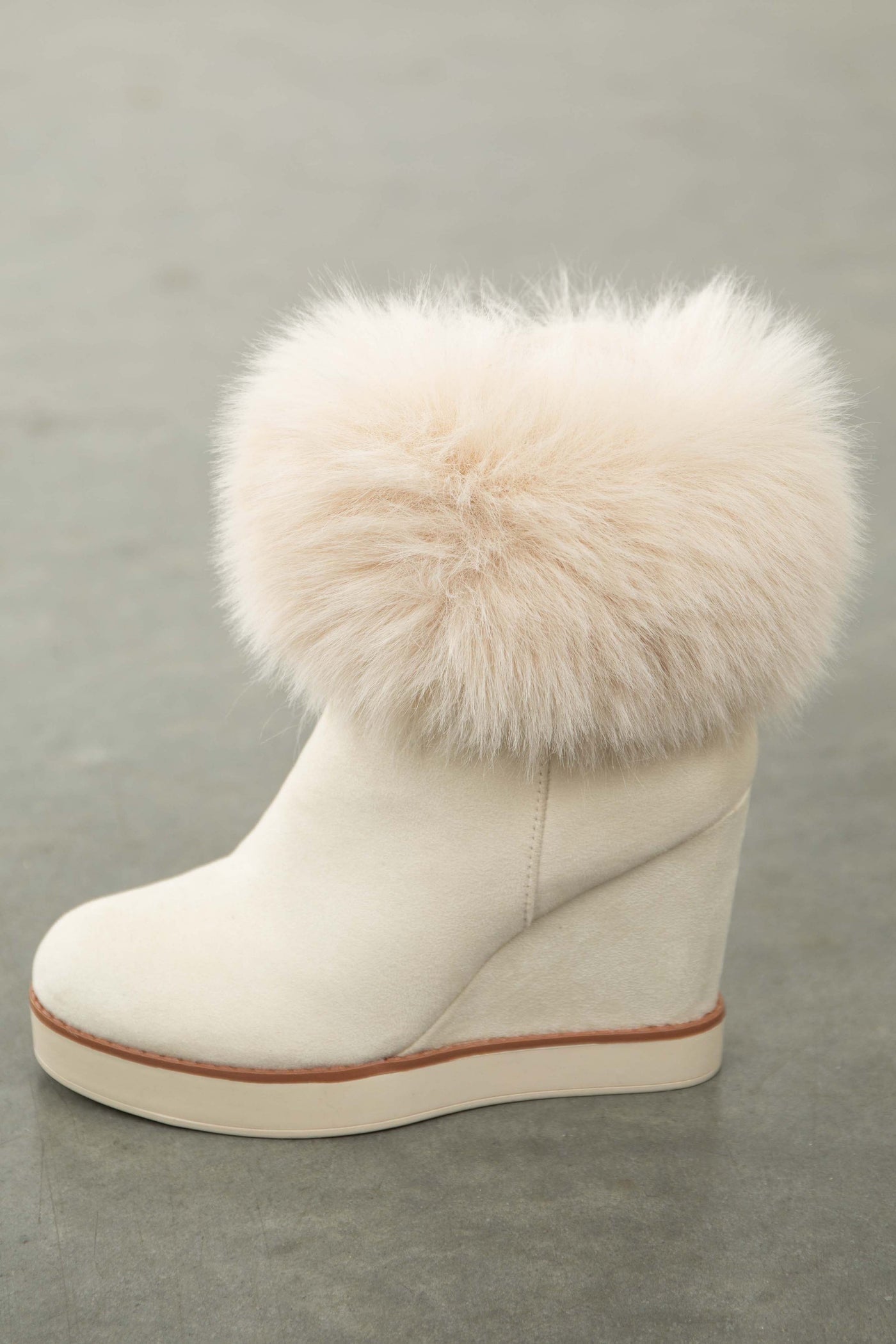 Vanilla Suede Wedge Heel Faux Fur Booties