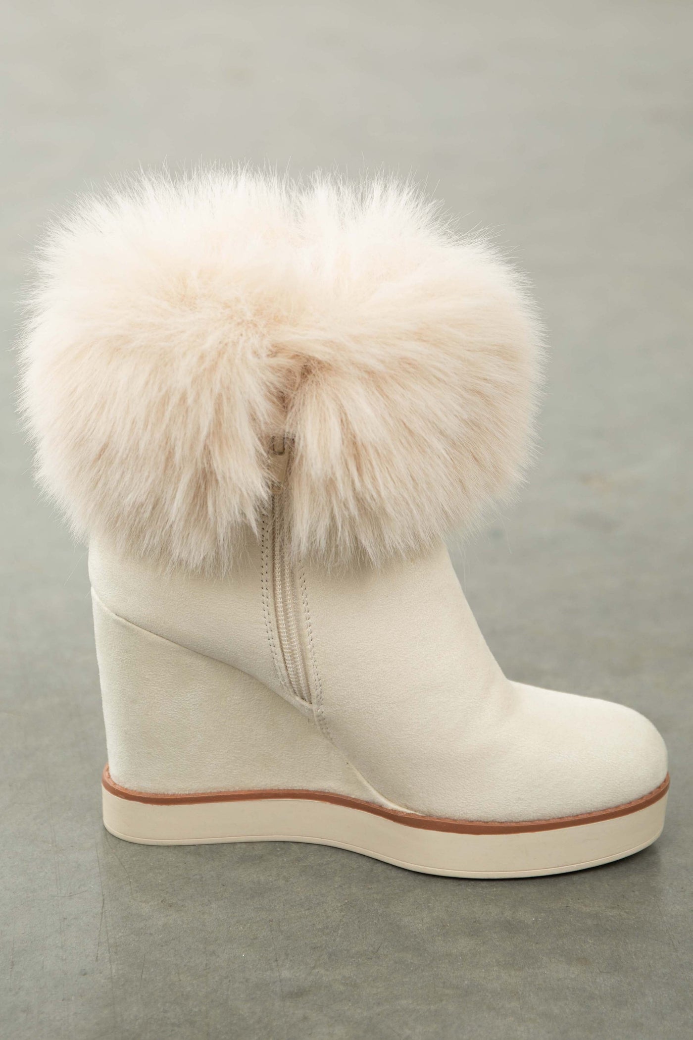 Vanilla Suede Wedge Heel Faux Fur Booties