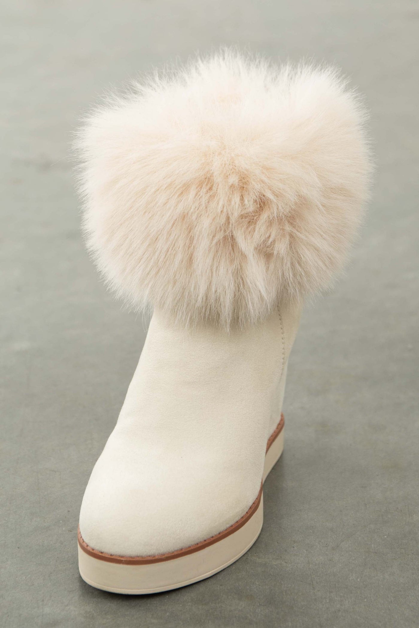 Vanilla Suede Wedge Heel Faux Fur Booties