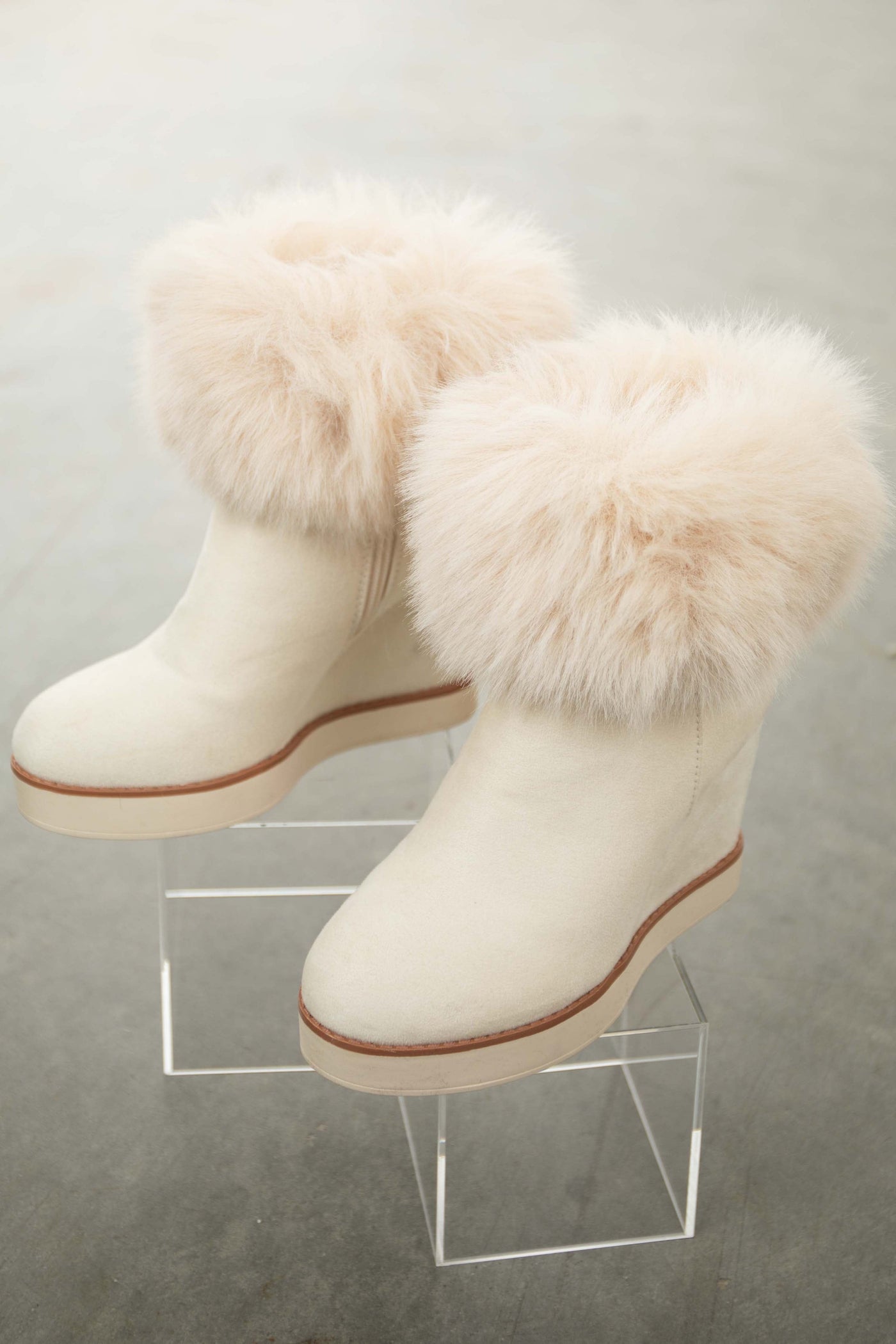 Vanilla Suede Wedge Heel Faux Fur Booties