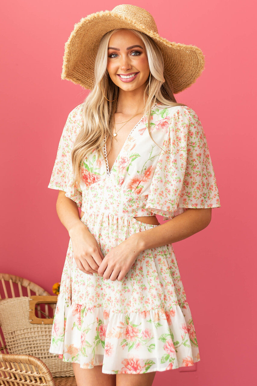 Vanilla Floral Multiprint V Neck Mini Dress 