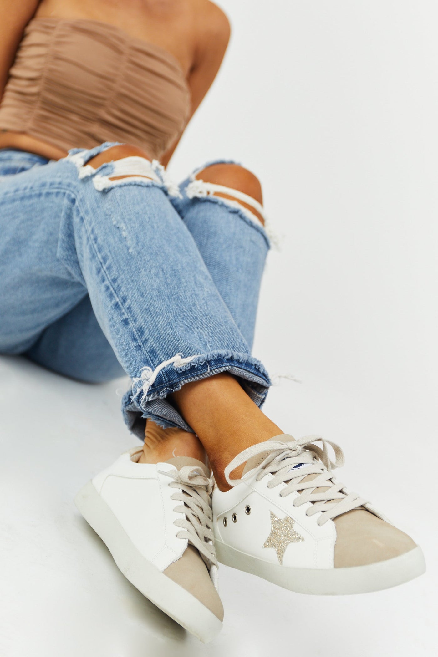 Vanilla and Taupe Glitter Star Lace Up Sneakers