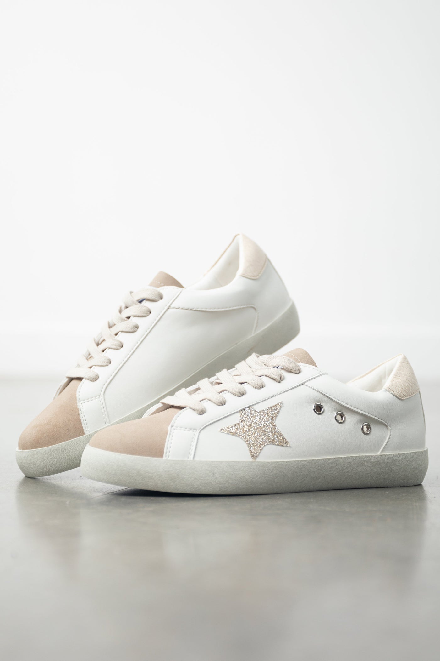 Vanilla and Taupe Glitter Star Lace Up Sneakers