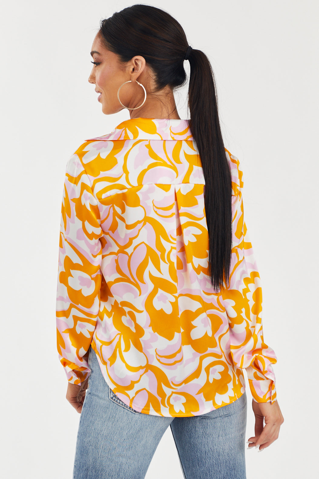 Vibrant Amber Printed Button Down Satin Blouse