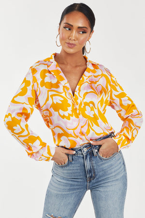 Vibrant Amber Printed Button Down Satin Blouse