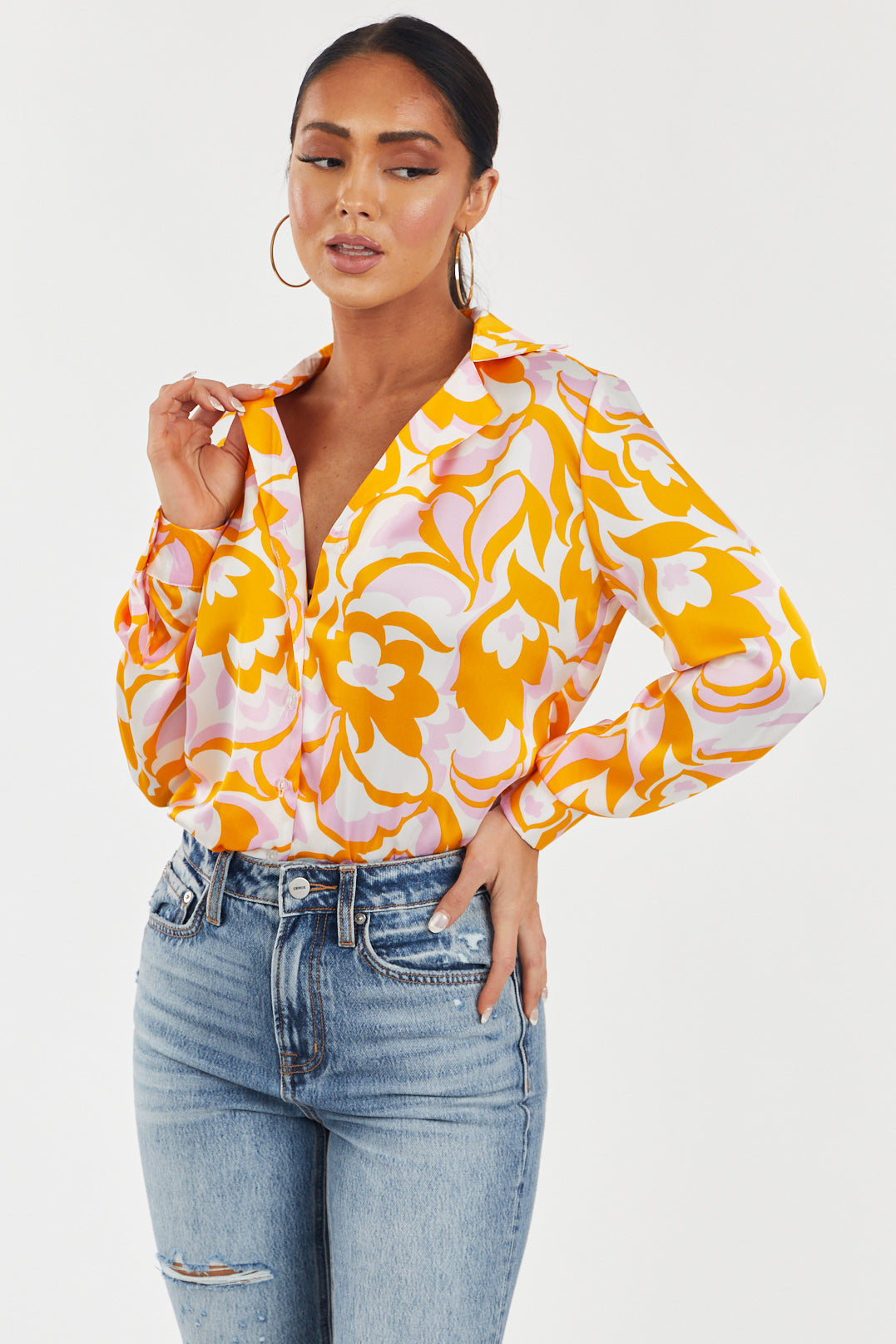 Vibrant Amber Printed Button Down Satin Blouse