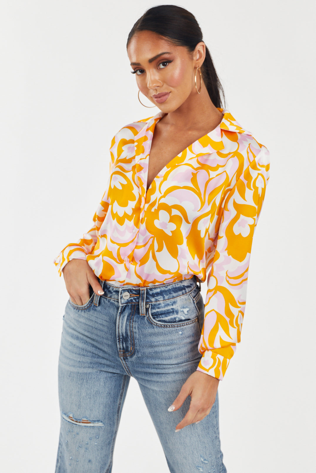 Vibrant Amber Printed Button Down Satin Blouse