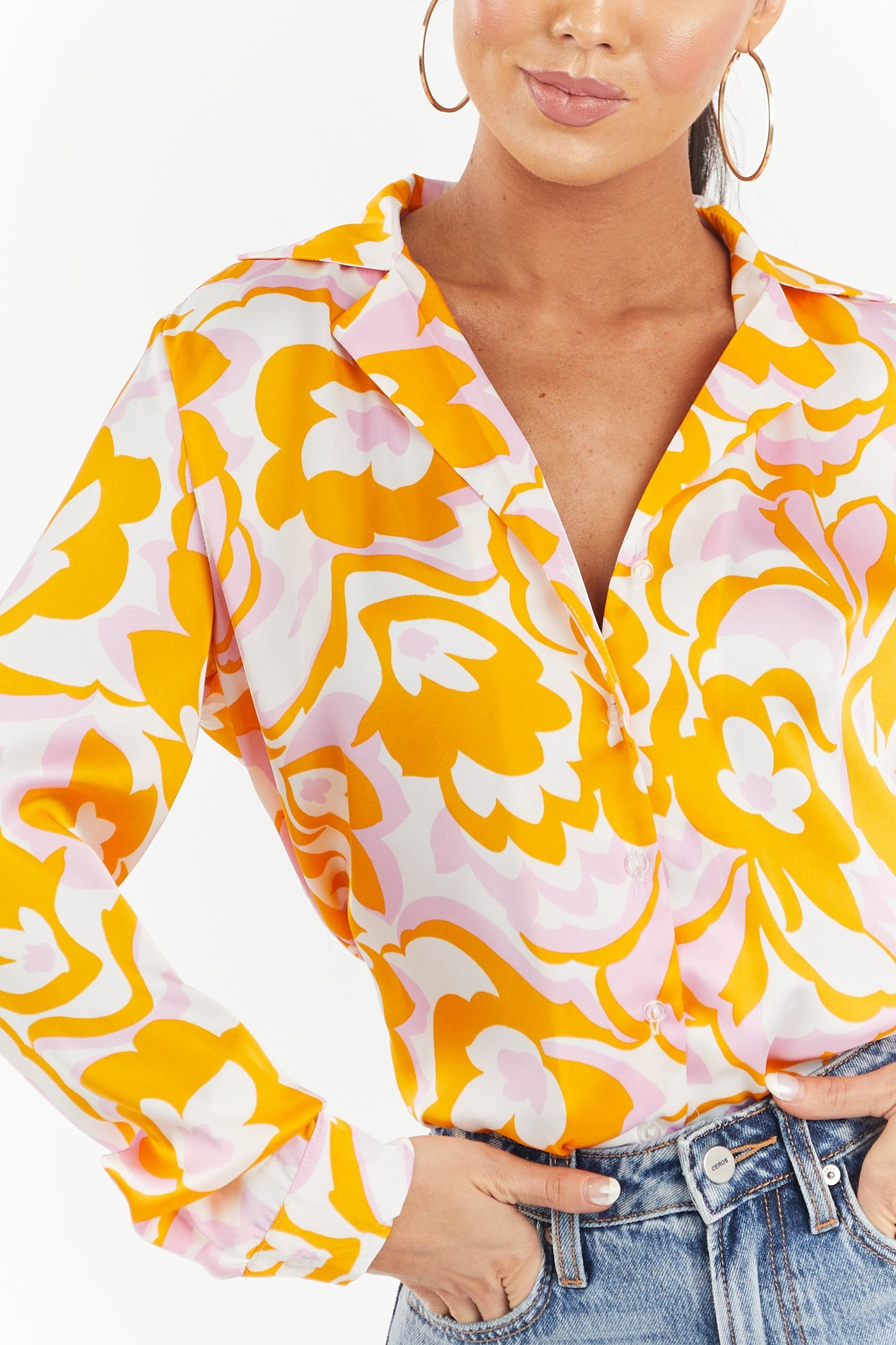 Vibrant Amber Printed Button Down Satin Blouse