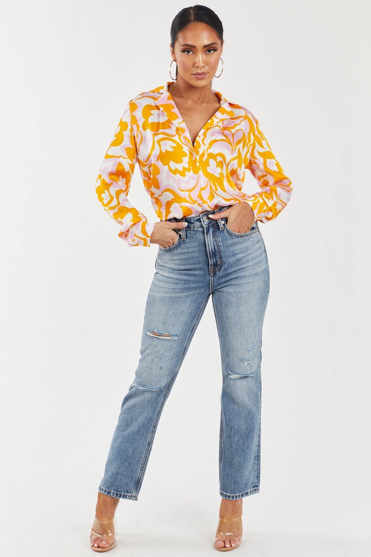Vibrant Amber Printed Button Down Satin Blouse