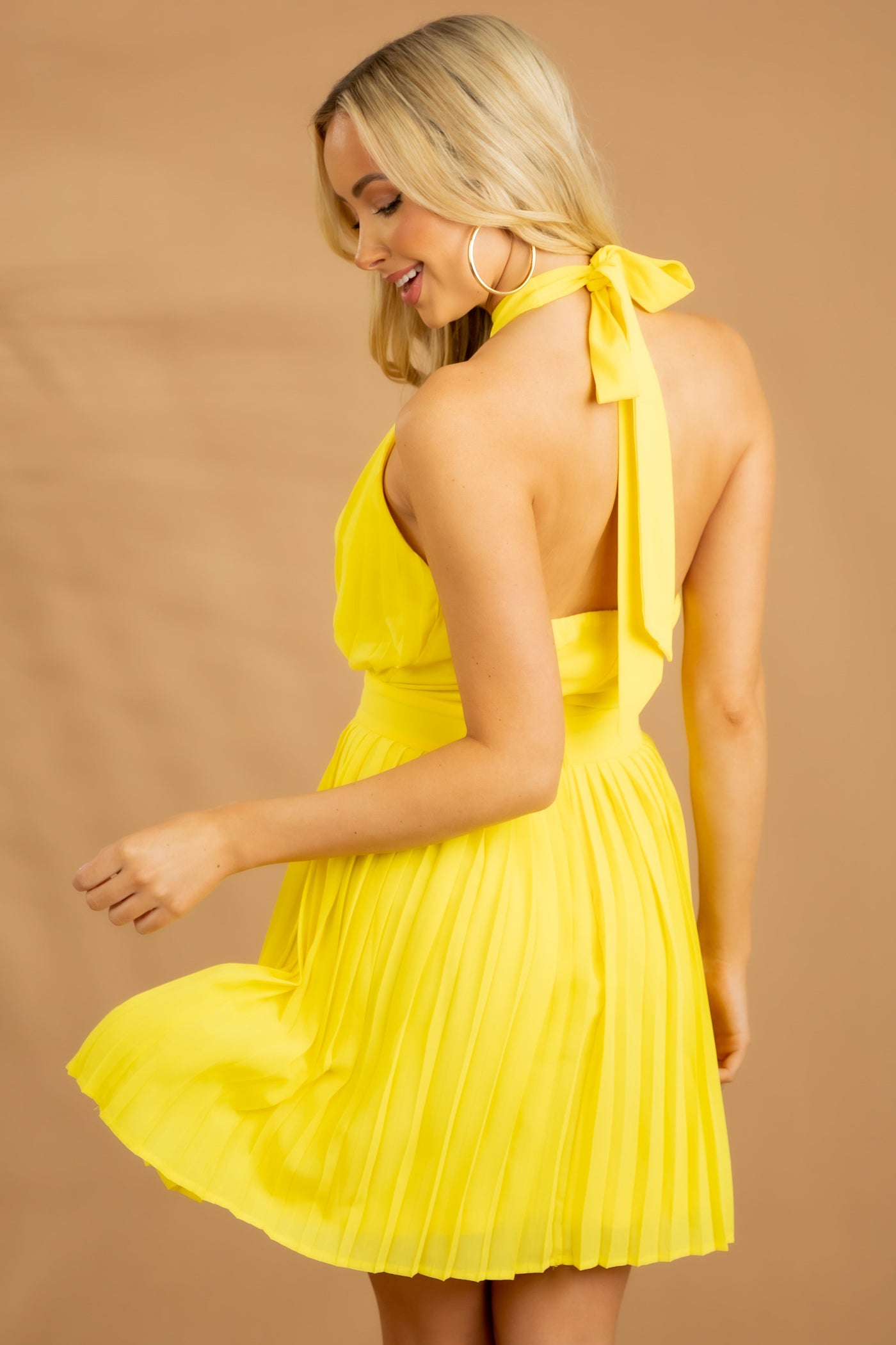 Vibrant Canary Yellow Halter Pleated Short Dress