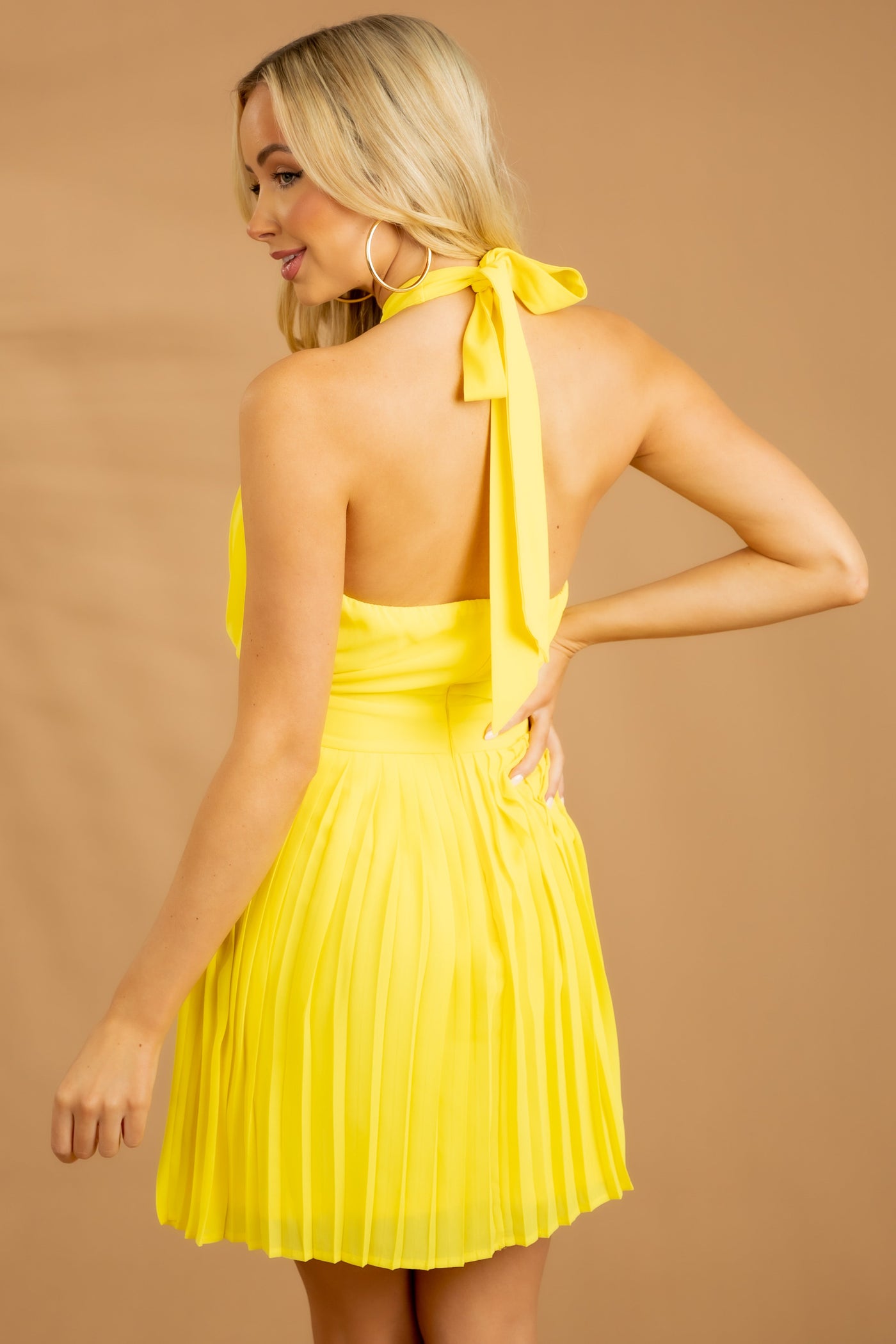 Vibrant Canary Yellow Halter Pleated Short Dress