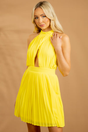 Vibrant Canary Yellow Halter Pleated Short Dress
