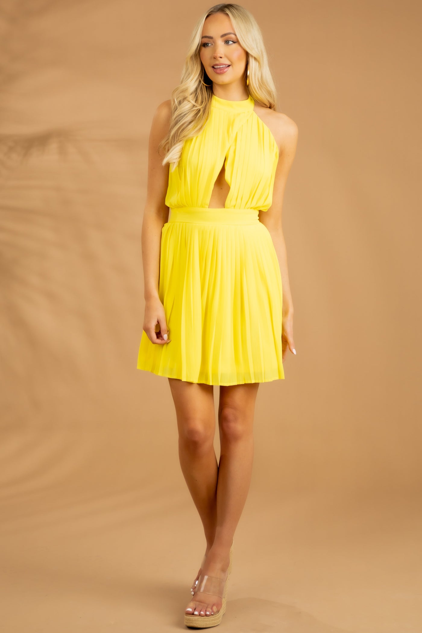 Vibrant Canary Yellow Halter Pleated Short Dress