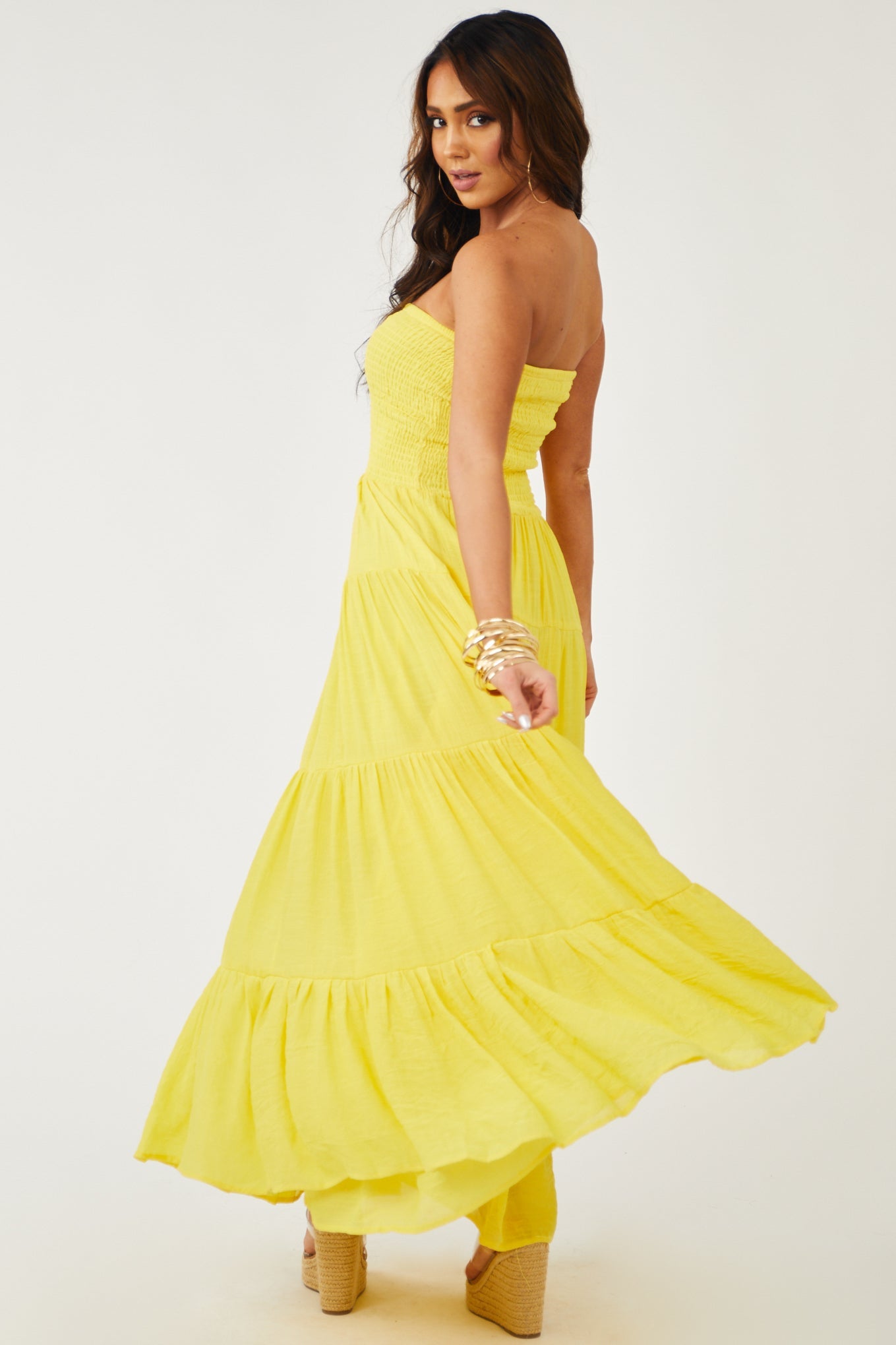 Vibrant Canary Yellow Strapless Smocked Maxi Dress