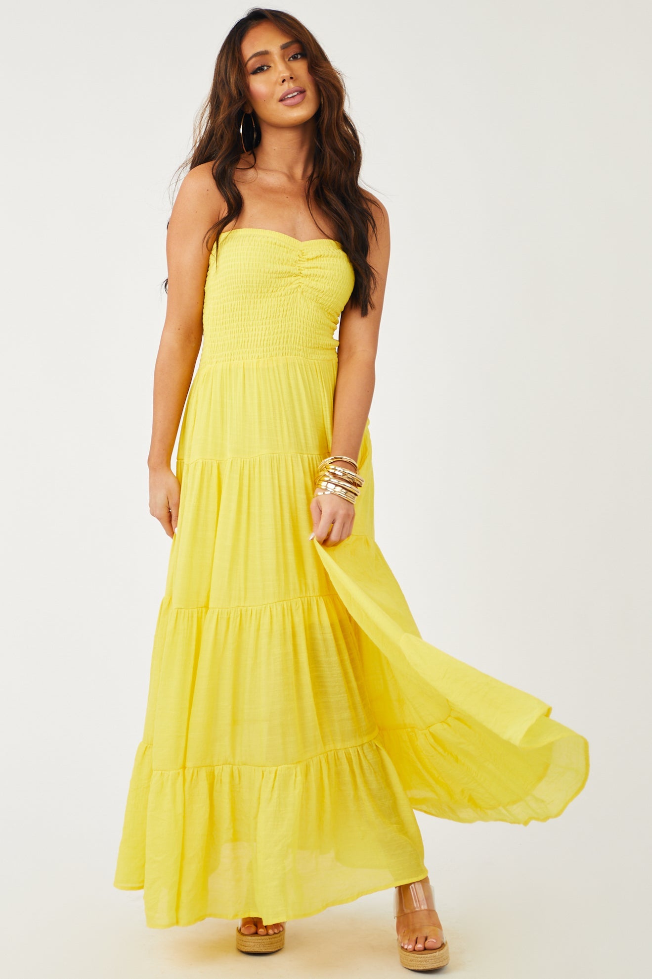 Vibrant Canary Yellow Strapless Smocked Maxi Dress