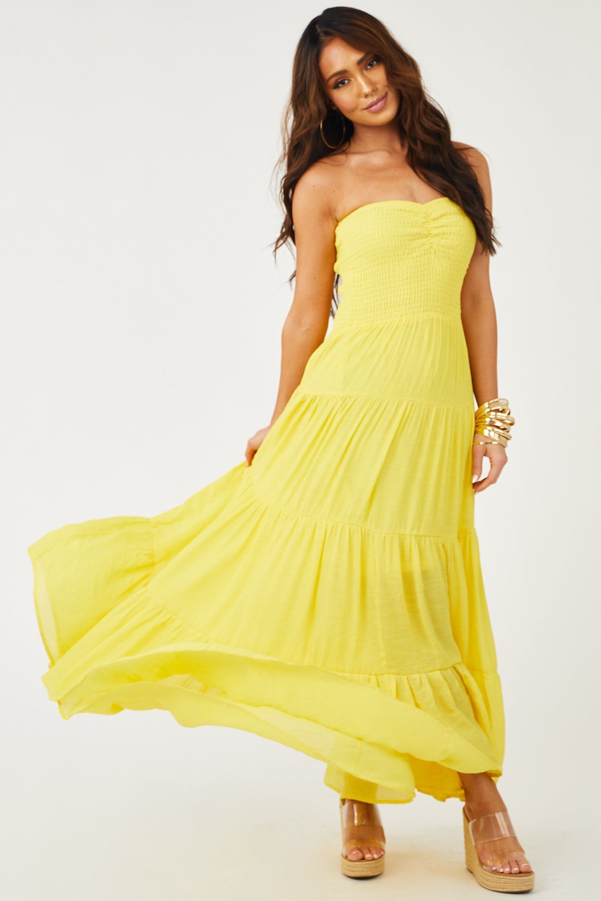 Vibrant Canary Yellow Strapless Smocked Maxi Dress