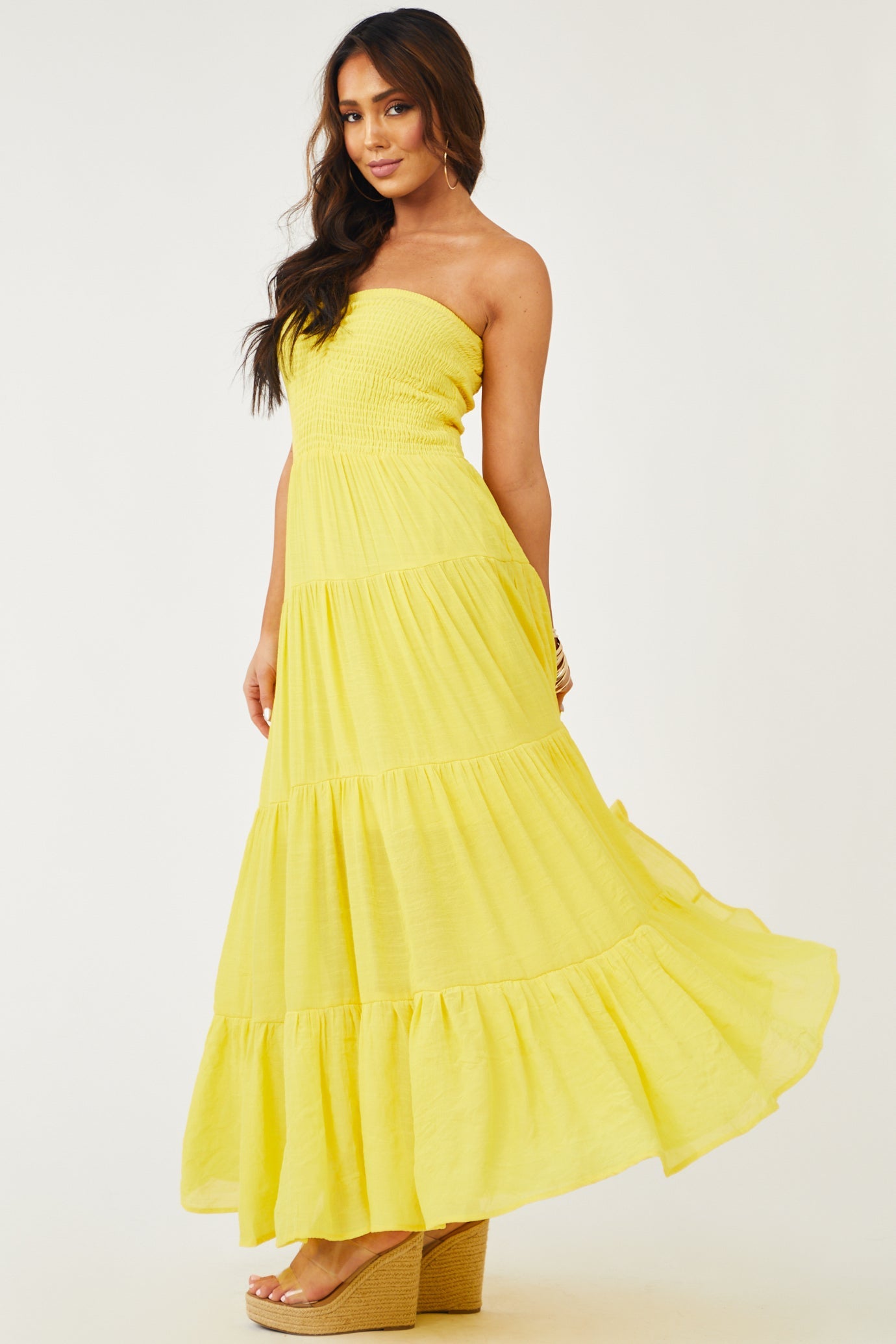 Vibrant Canary Yellow Strapless Smocked Maxi Dress