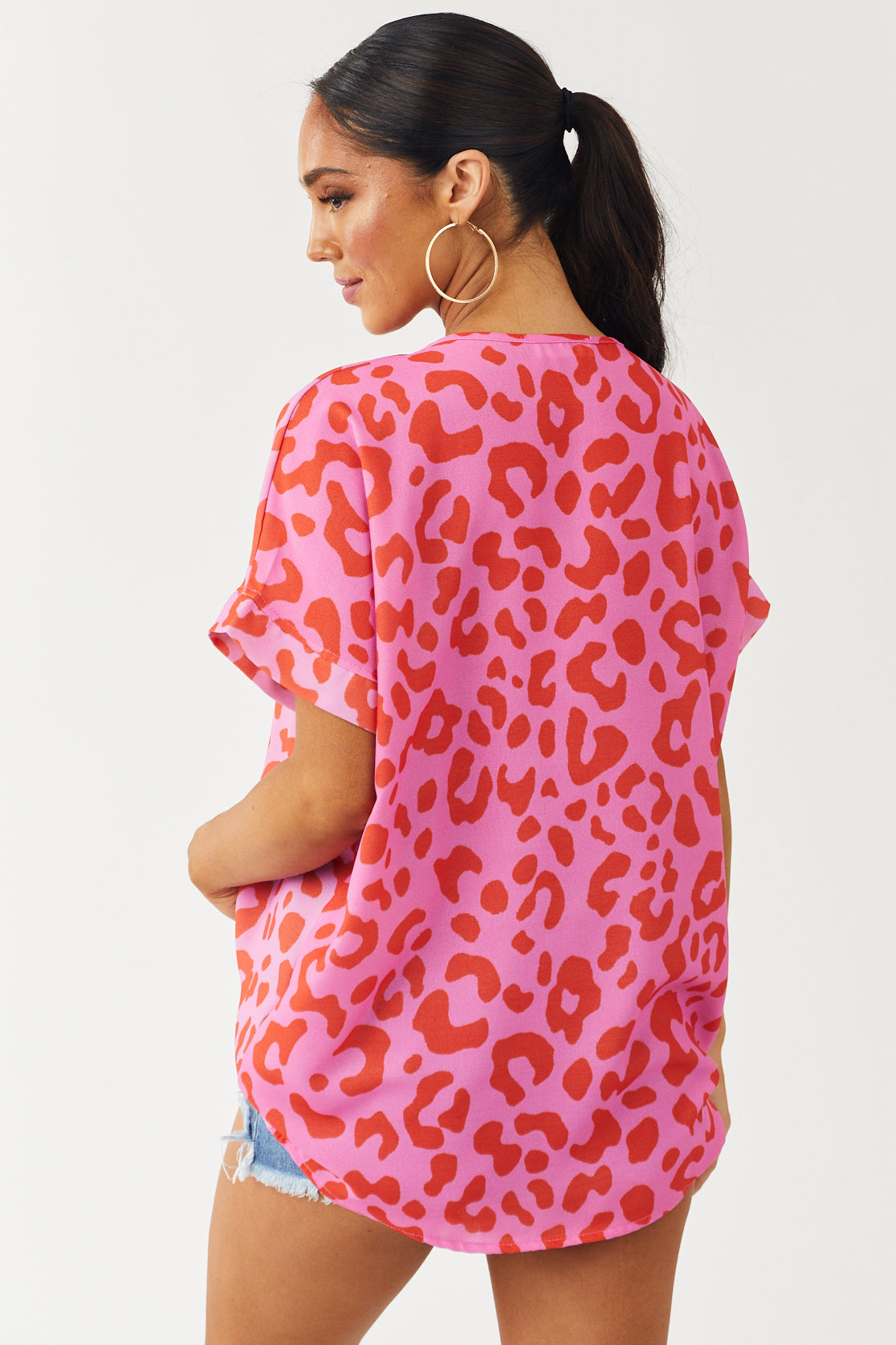Vibrant Magenta Leopard Print V Neck Woven Top