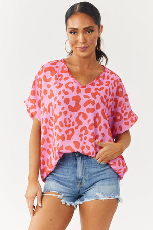 Vibrant Magenta Leopard Print V Neck Woven Top
