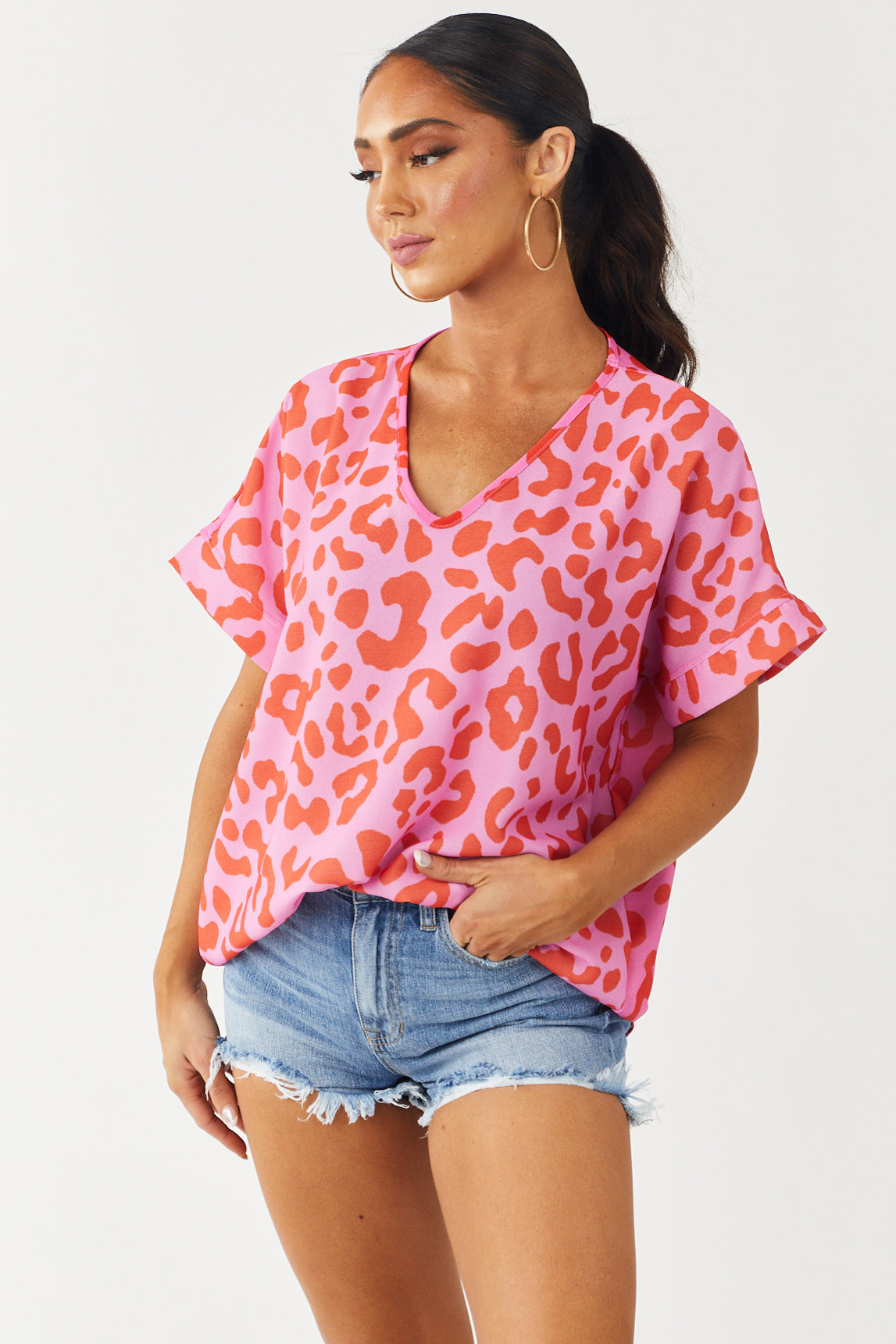 Vibrant Magenta Leopard Print V Neck Woven Top