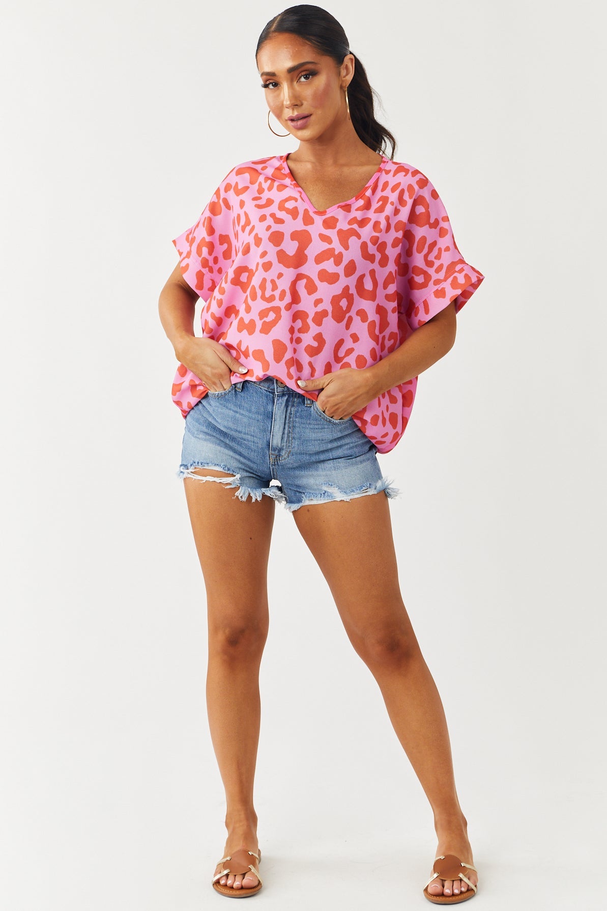 Vibrant Magenta Leopard Print V Neck Woven Top