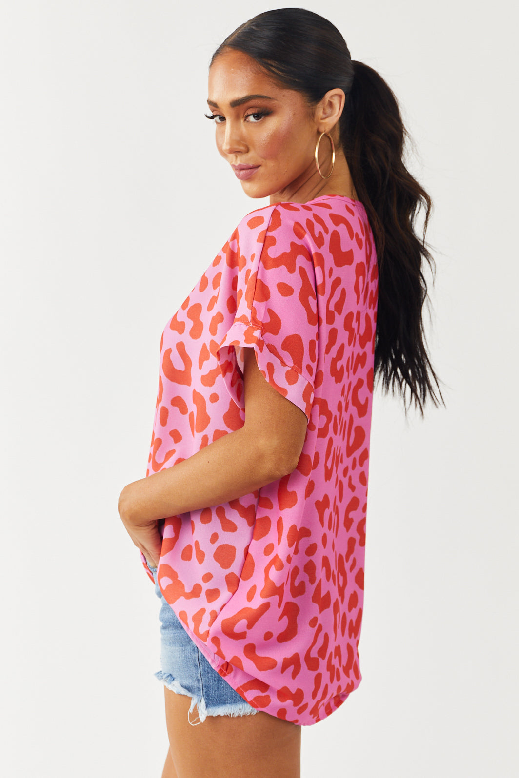 Vibrant Magenta Leopard Print V Neck Woven Top