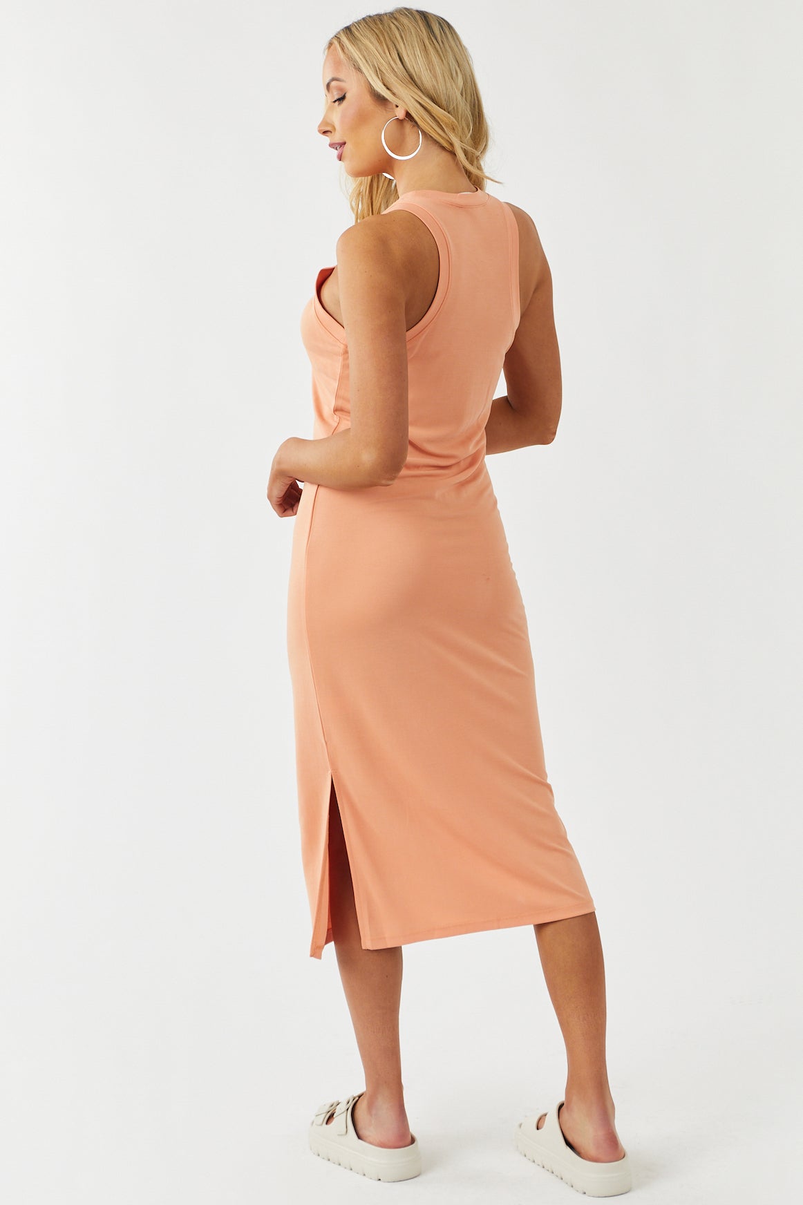 Vibrant Melon Sleeveless Shift Knit Midi Dress