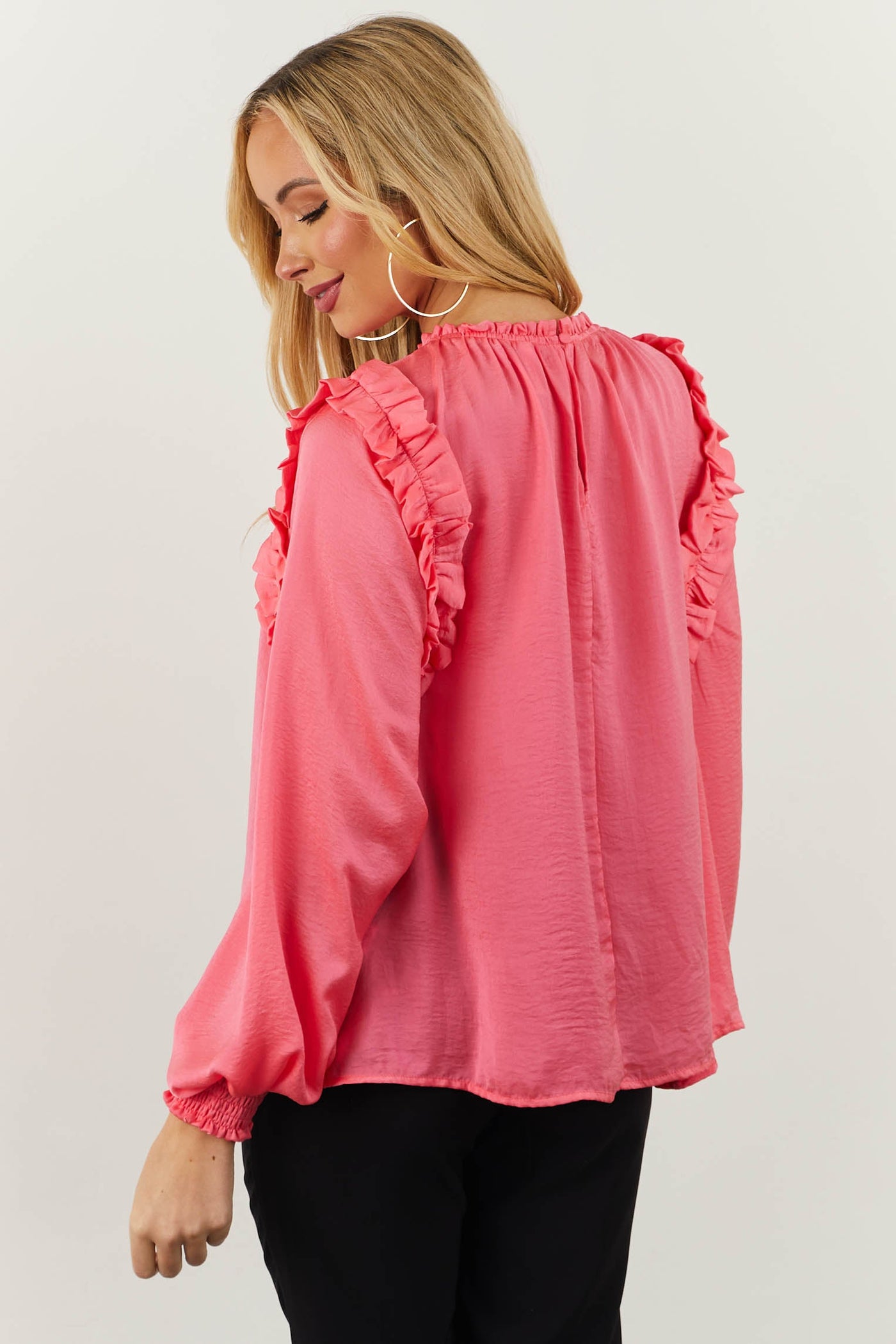 Vibrant Punch Pink Blouse with Ruffle Detail