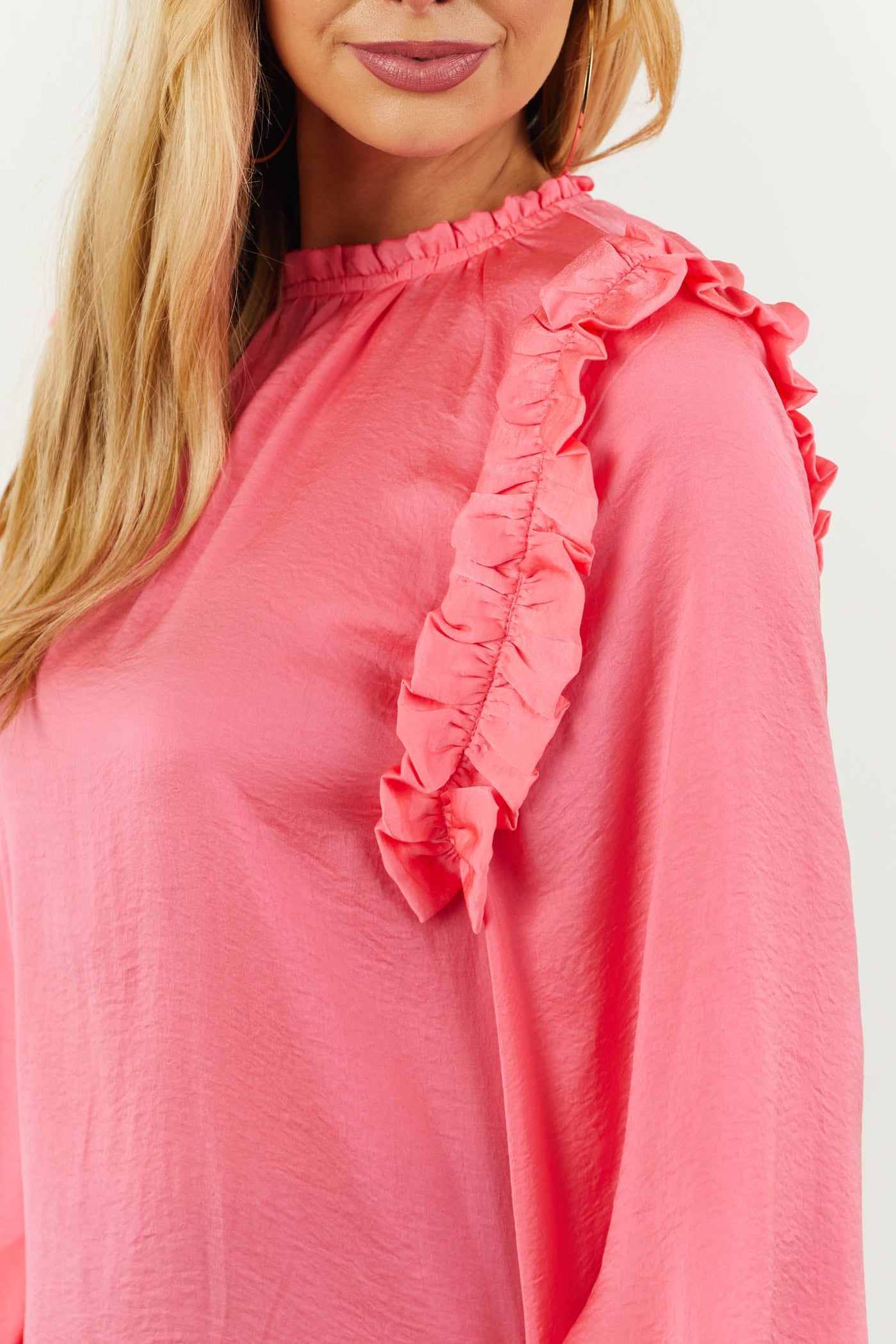 Vibrant Punch Pink Blouse with Ruffle Detail