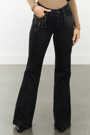 Vintage Black High Rise Rhinestone Fringe Flare Jeans