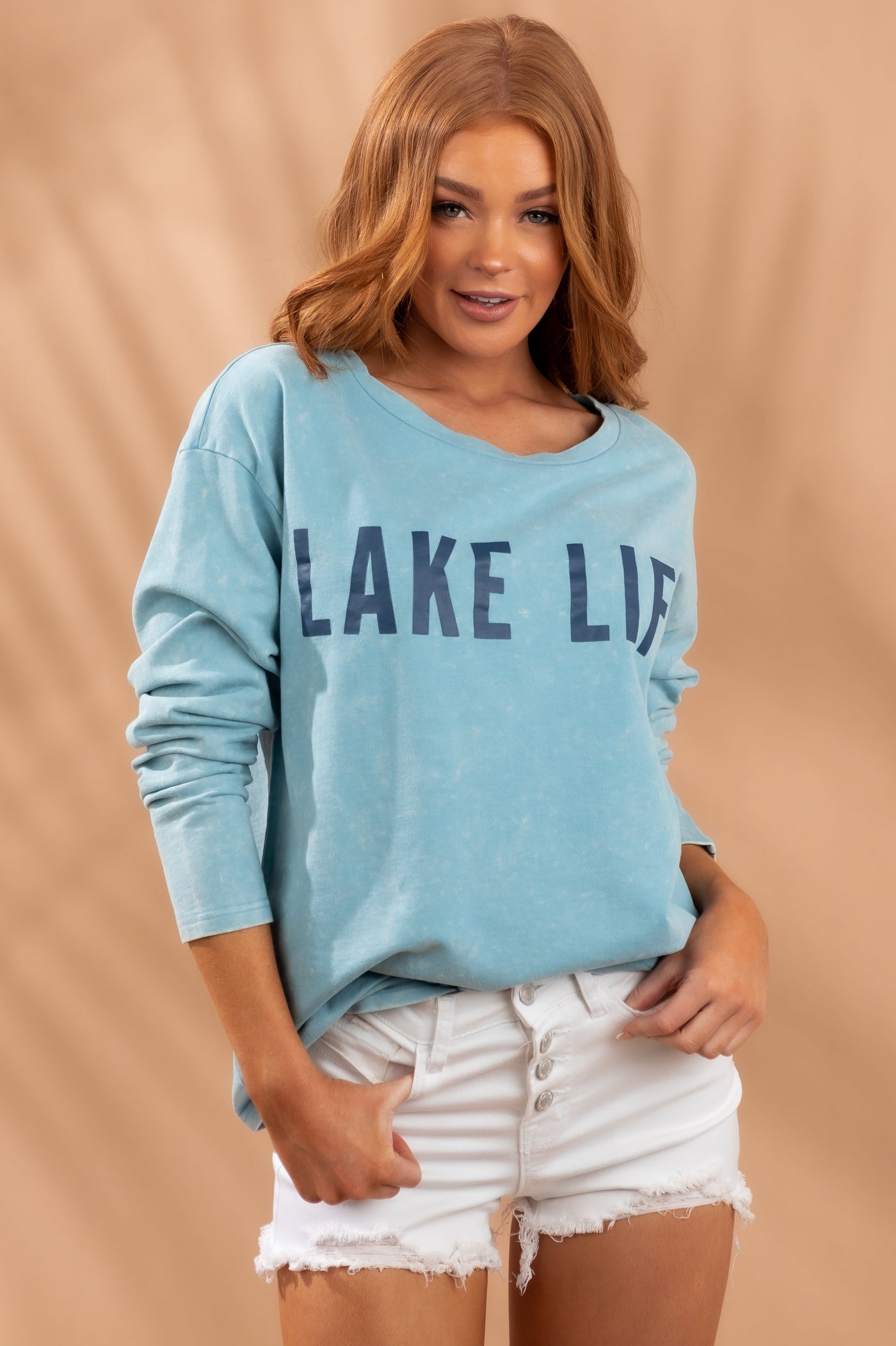 Vintage Blue Washed 'Lake Life' Graphic Pullover
