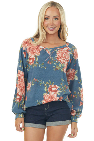 Vintage Ocean Floral Print Brushed Knit Top