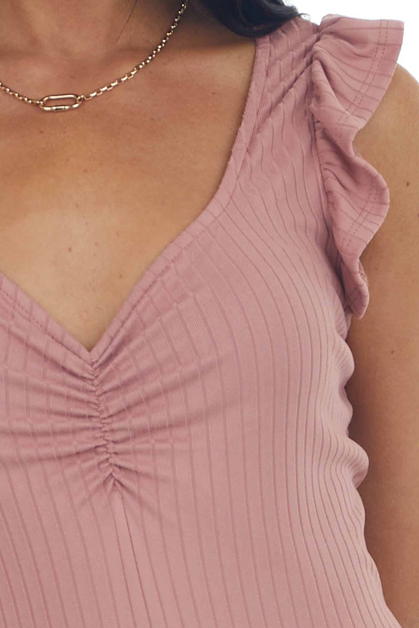 Vintage Rose V Neck Ruched Bust Ribbed Knit Top